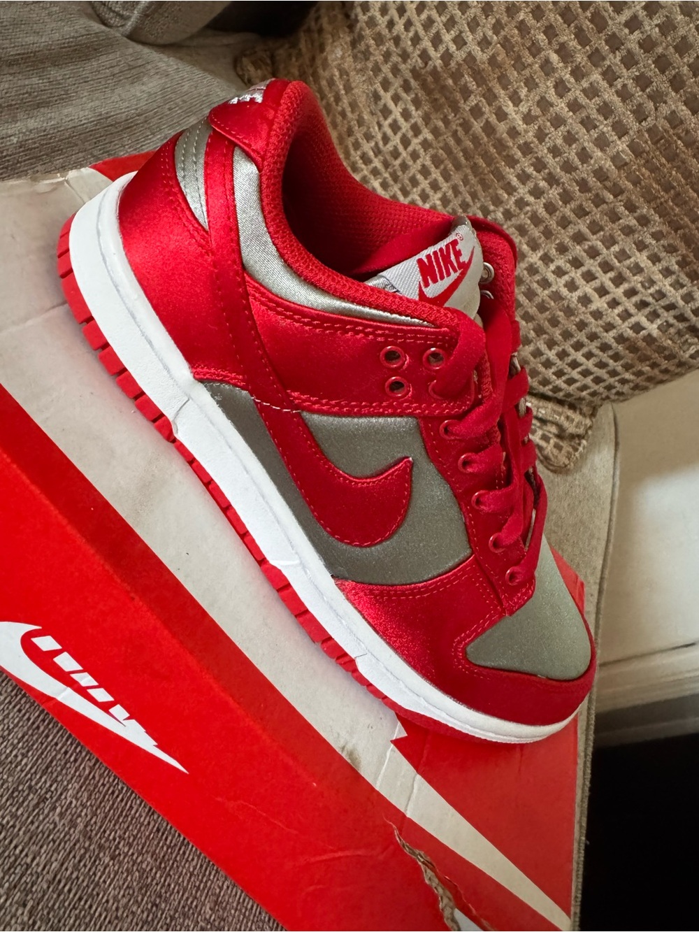 Nike Red Satin Dunk Low Ess